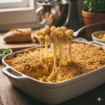 Baked macaroni and cheese with a crispy golden crust, served in a casserole dish.