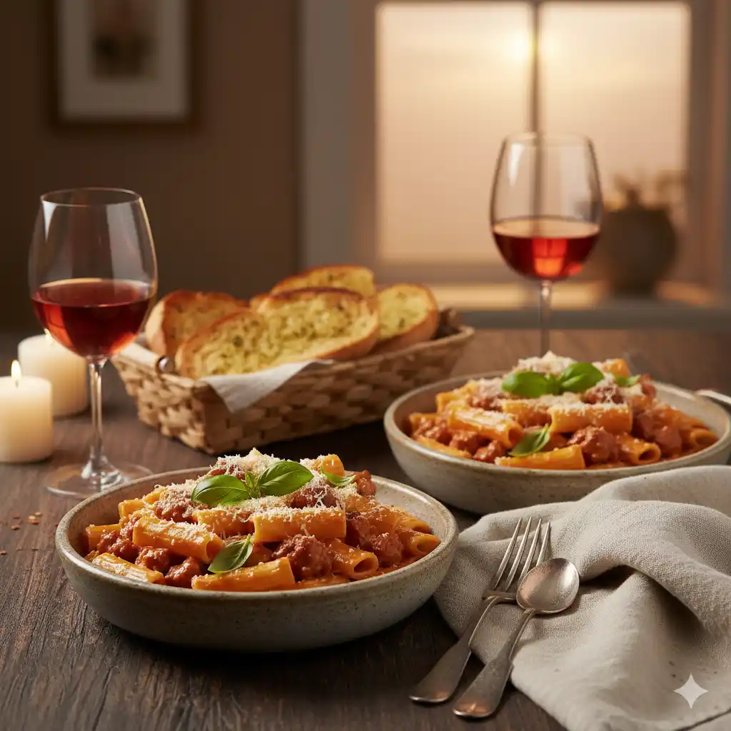 Hands stirring red meat sauce in a Dutch oven on a rustic kitchen counter.