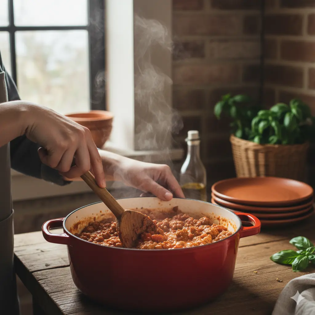 Two bowls of tomato rigatoni with basil, red wine, garlic bread, and candles.