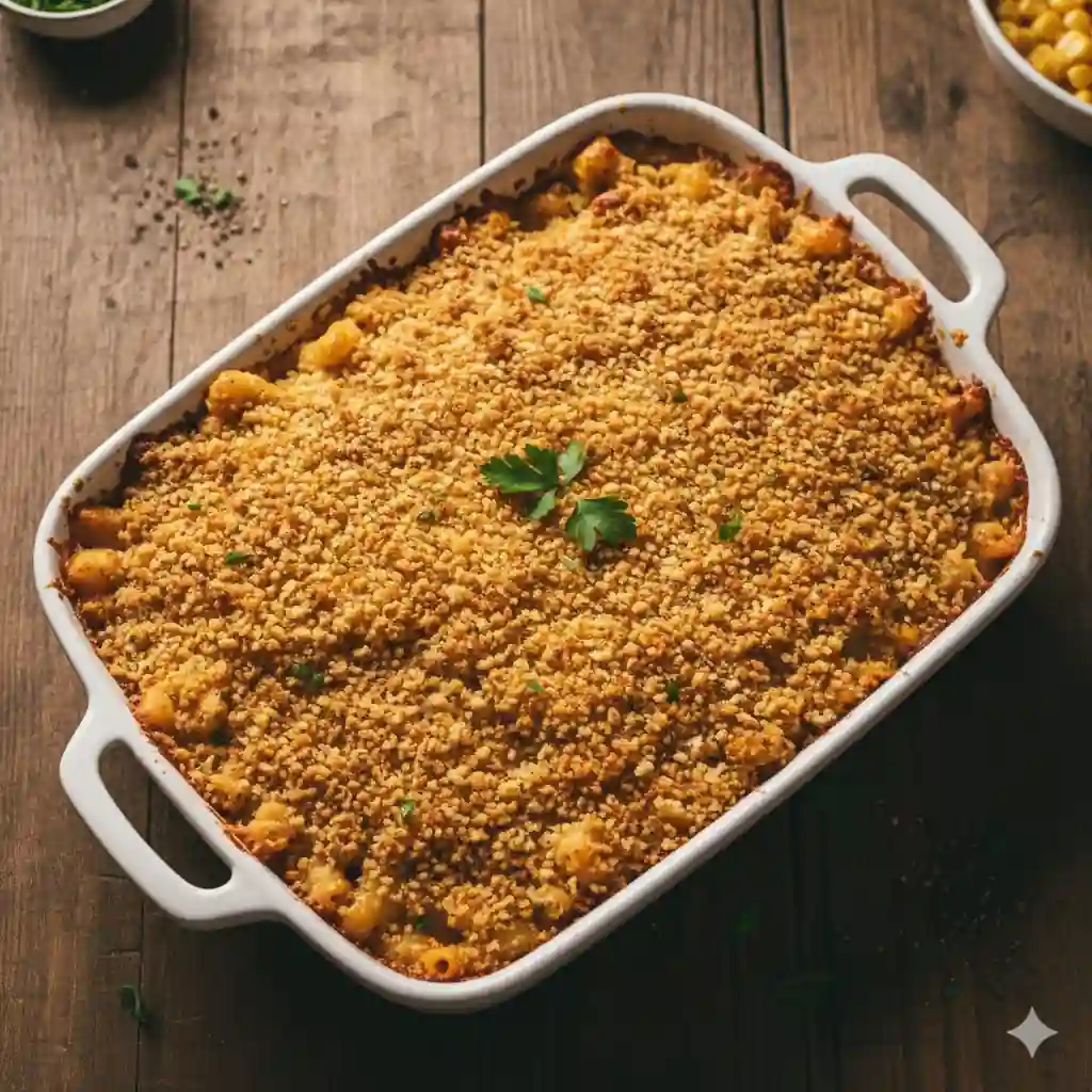 Baked macaroni and cheese with a crispy golden crust, served in a casserole dish.