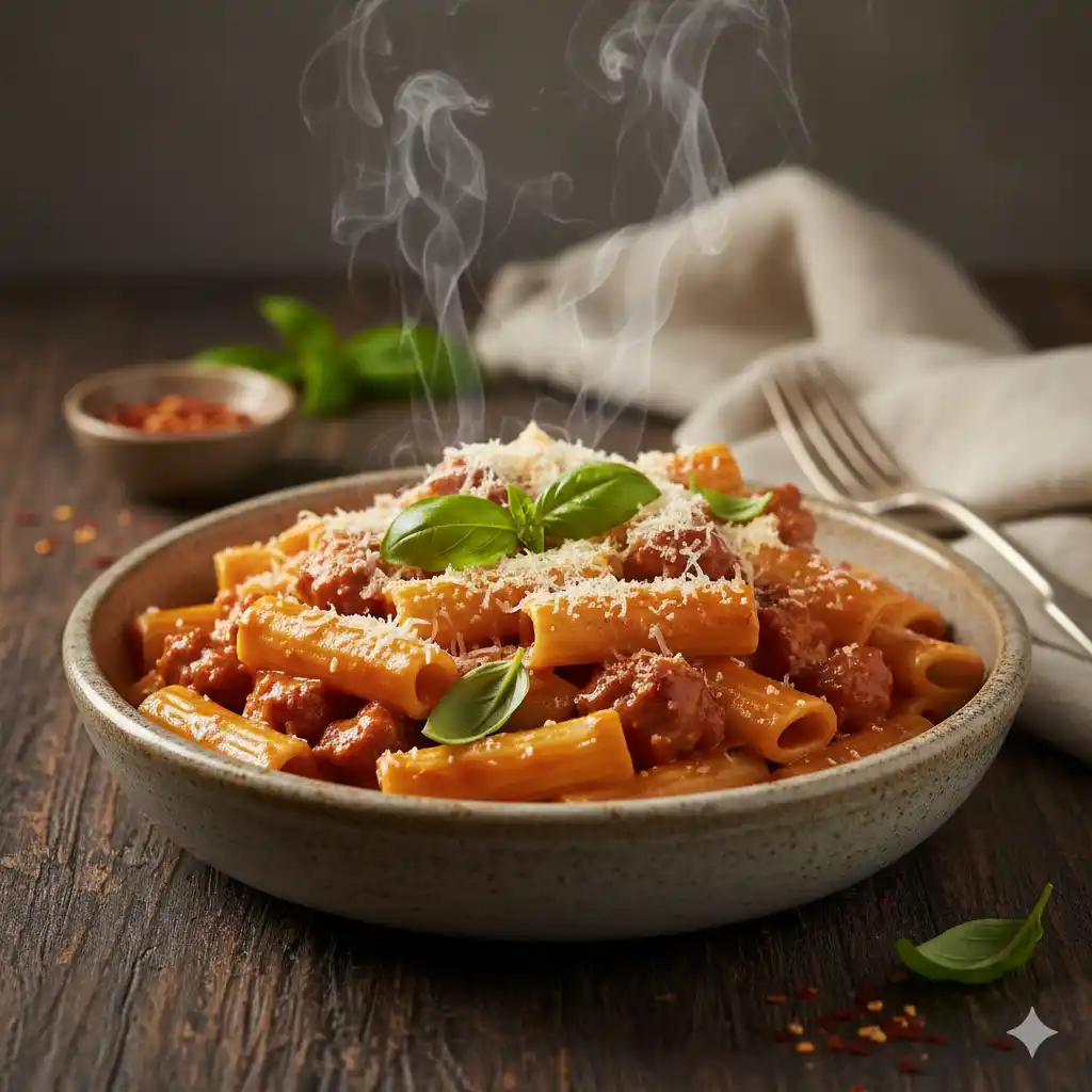 Bowl of rigatoni with creamy sausage sauce, garlic bread, and wine at sunset.