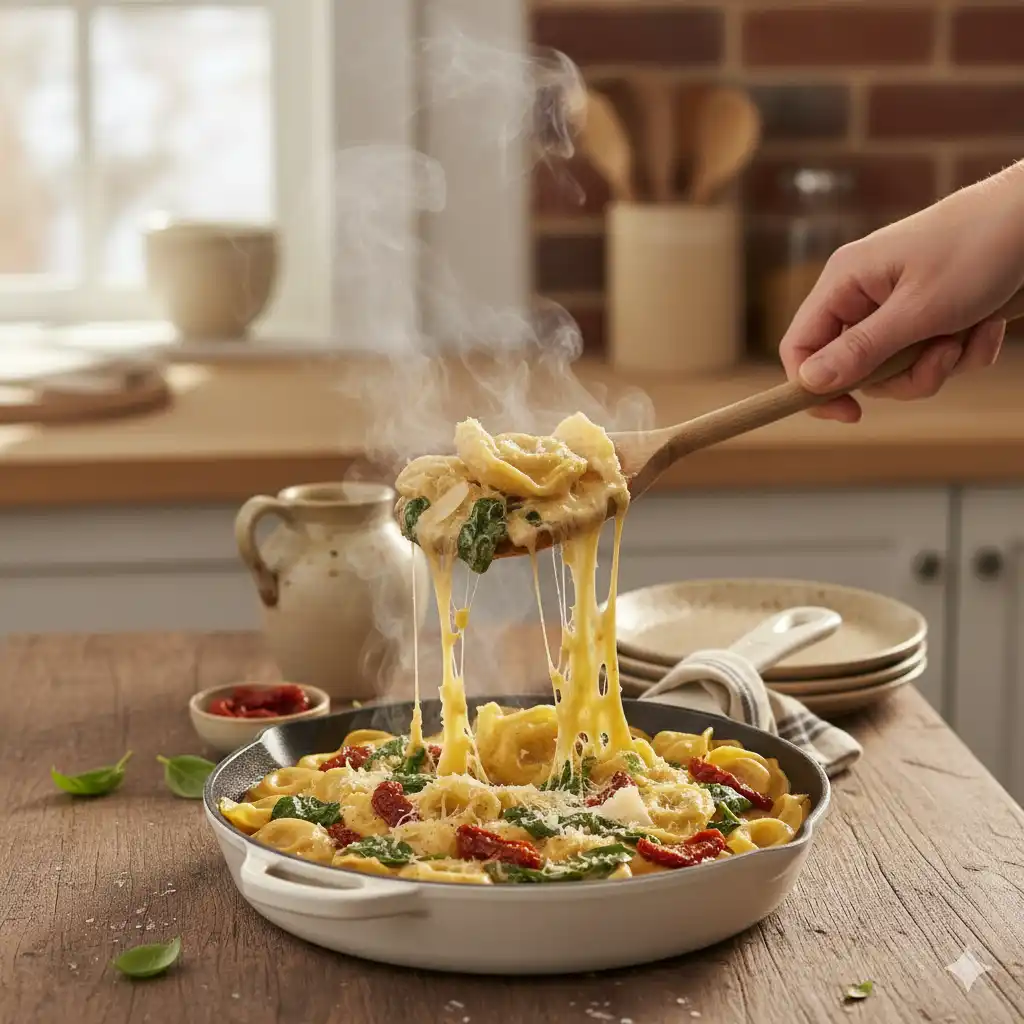 Wooden spoon lifting hot, melted cheese-covered tortellini from a skillet.