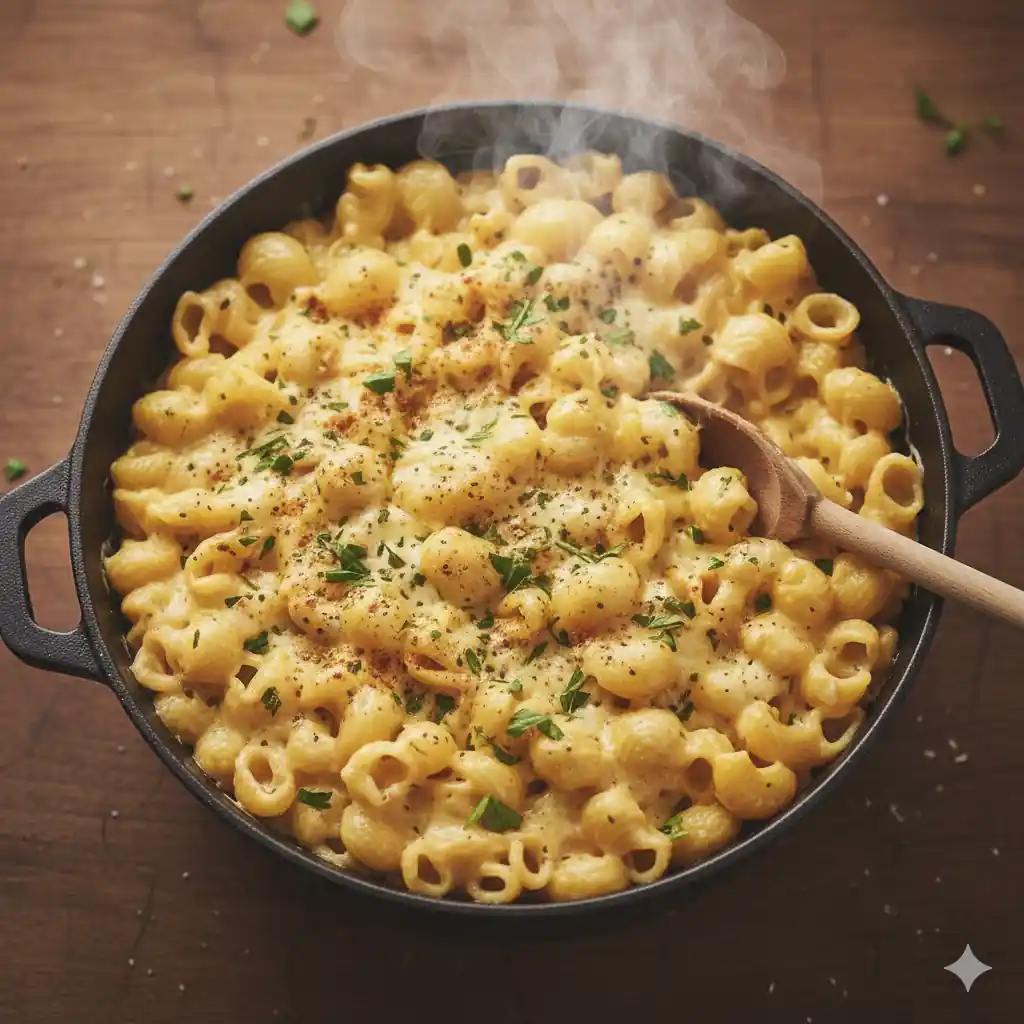 A steaming hot skillet of creamy, melted mac and cheese with golden cheese topping.