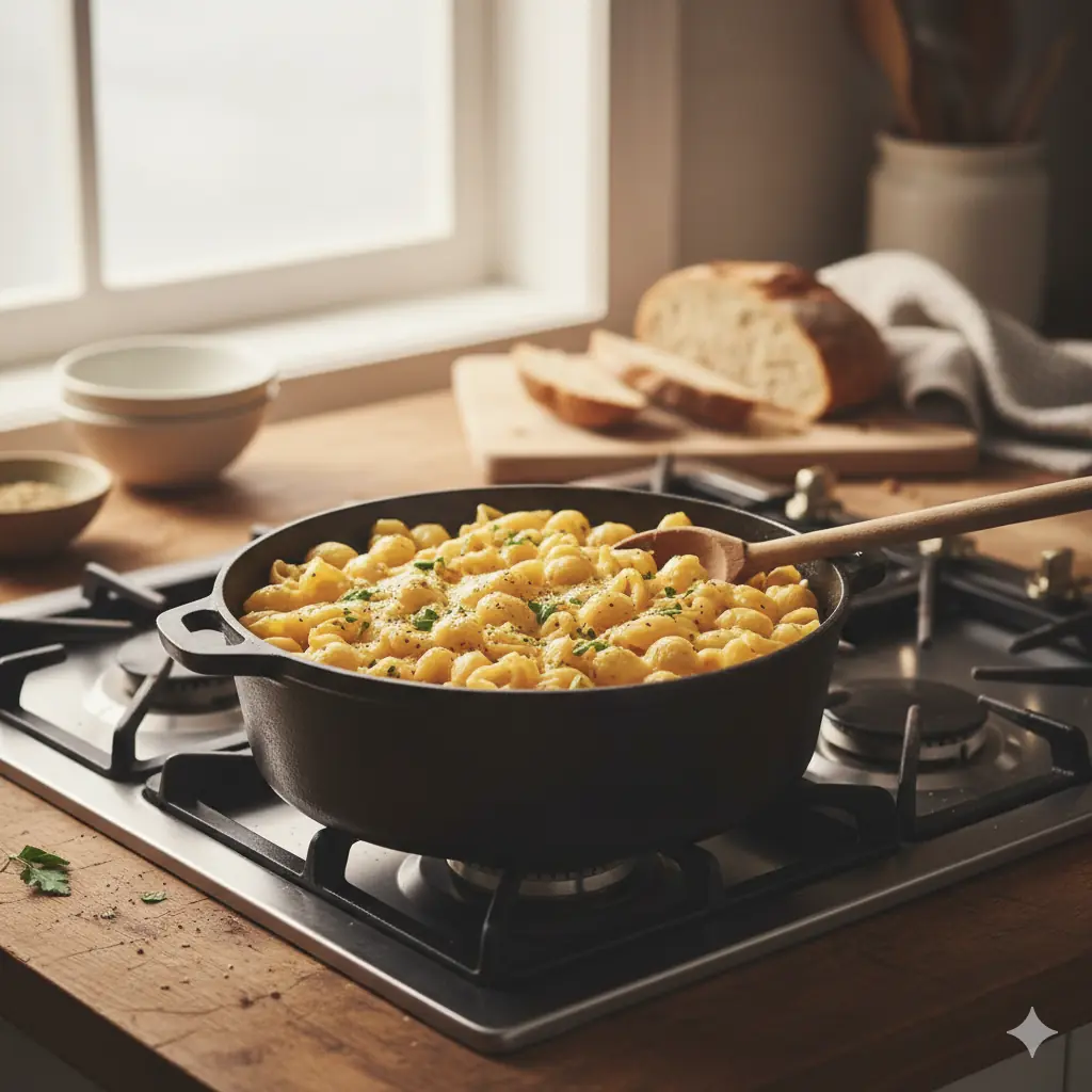 A steaming hot skillet of creamy, melted mac and cheese with golden cheese topping.