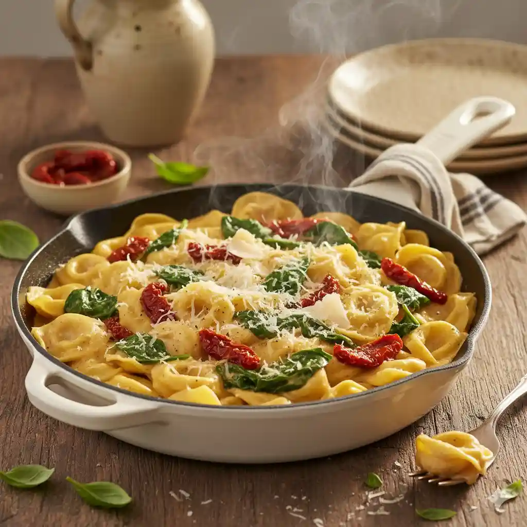 Cozy dinner table with bowls of tortellini, wine glasses, candles, and bread.