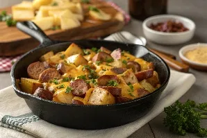 Preparing Baby Potatoes and Sausage Hands seasoning a dish of baby potatoes and smoked sausage in a kitchen.