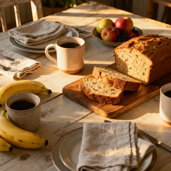 Banana Bread with Whole Banana Center Cross-section of banana bread with a visible banana and cinnamon swirls inside.