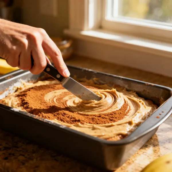 Swirling Cinnamon into Banana Bread Batter Hand swirling cinnamon into banana bread batter in a metal baking pan by a sunlit window.