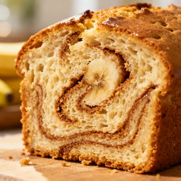 Morning Breakfast with Banana Bread Sliced banana bread on a rustic table with coffee, bananas, and fruit bowl in morning light.