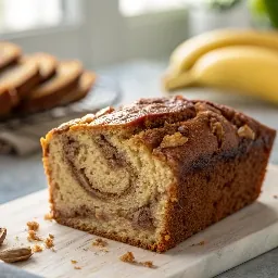 Rustic Banana Bread Loaf Loaf of banana bread on a wooden cutting board with bananas in the background.
