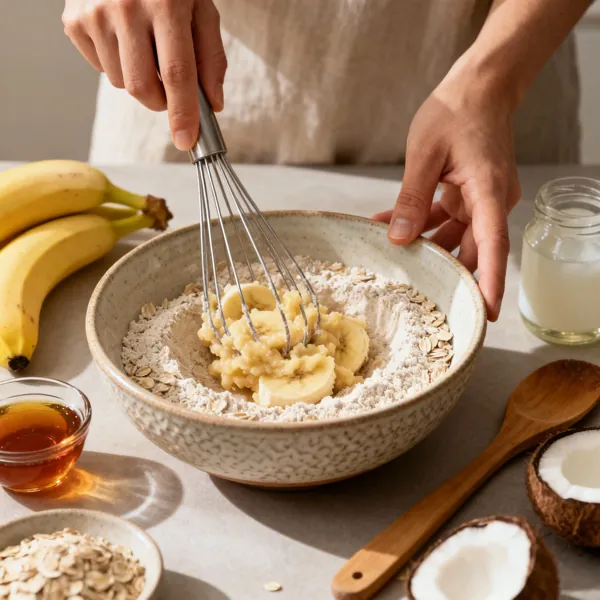 Sliced almond banana bread served with almond butter, milk, and fruit.
