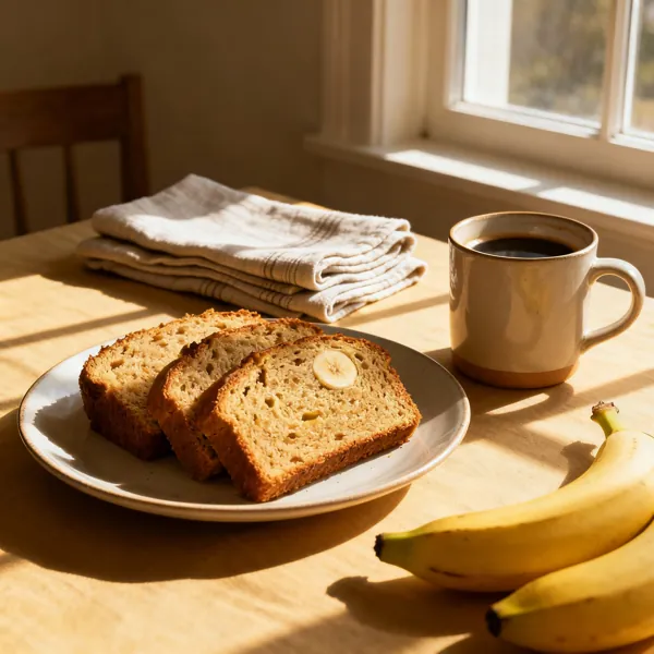Steaming banana bread topped with butter and syrup
