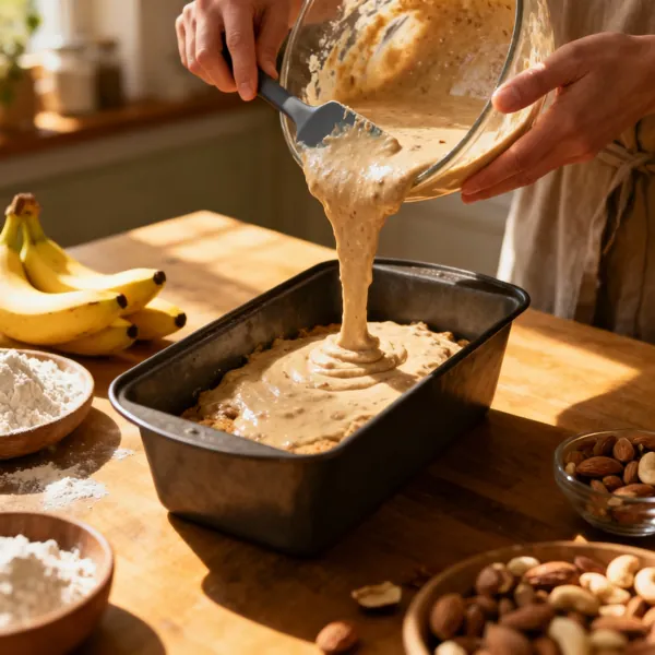 Plate of banana bread slices with a full banana slice visible, coffee, and bananas on the table.