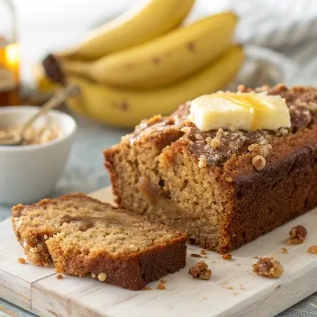 Batter being poured into a loaf pan for banana bread with bananas and ingredients nearby.