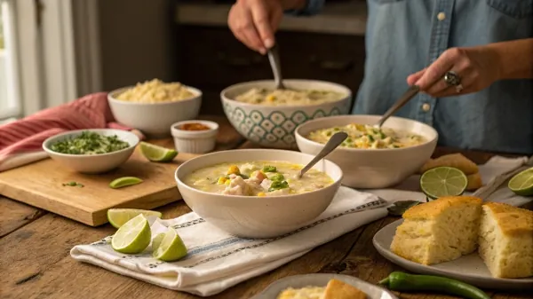 Spoon lifting a cheesy portion of white chicken chili from a bowl with beans and herbs. Spoon lifting a cheesy portion of white chicken chili from a bowl with beans and herbs.