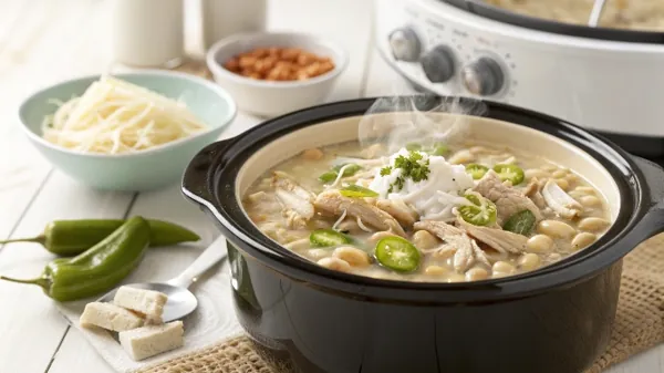 Family Style White Chicken Chili People serving creamy white chicken chili at a wooden dining table