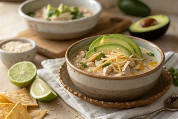 Slow Cooker White Chicken Chili(1) White chicken chili simmering in a black slow cooker with jalapeños and steam