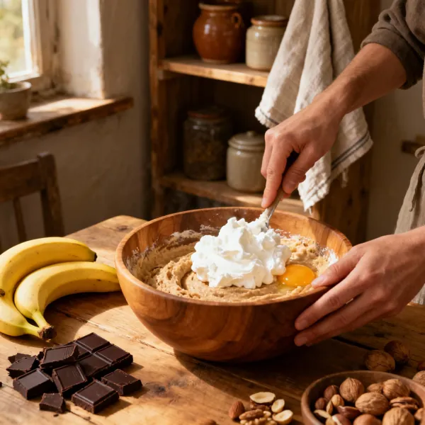 Chocolate Banana Bread with Condensed Milk Chocolate chunk banana bread with condensed milk and nuts dripping on top.
