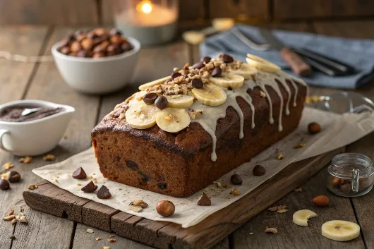 Frosted Chocolate Chip Banana Bread Chocolate chip banana bread topped with frosting and chopped chocolate.