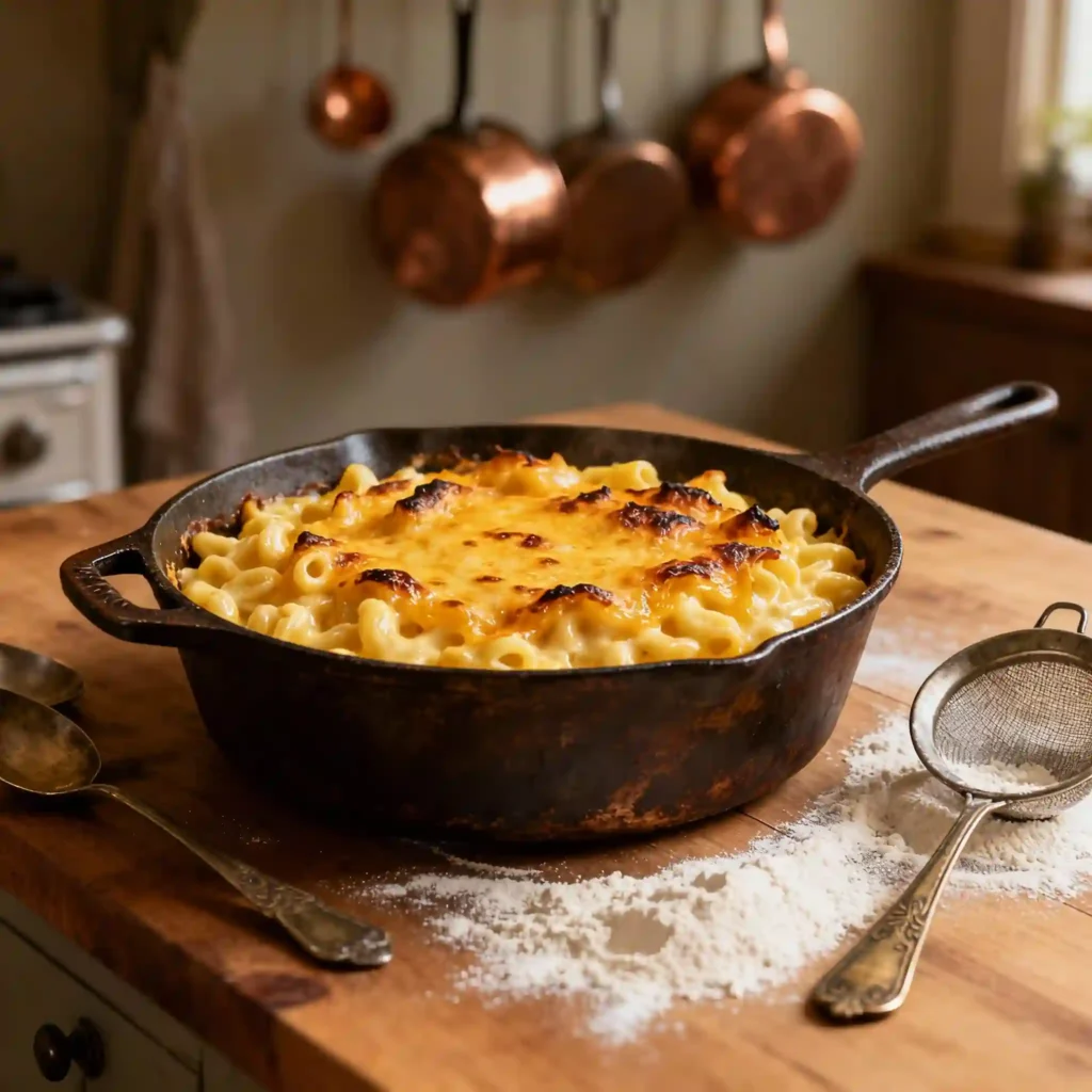 A steaming hot skillet of creamy, melted mac and cheese with golden cheese topping.
