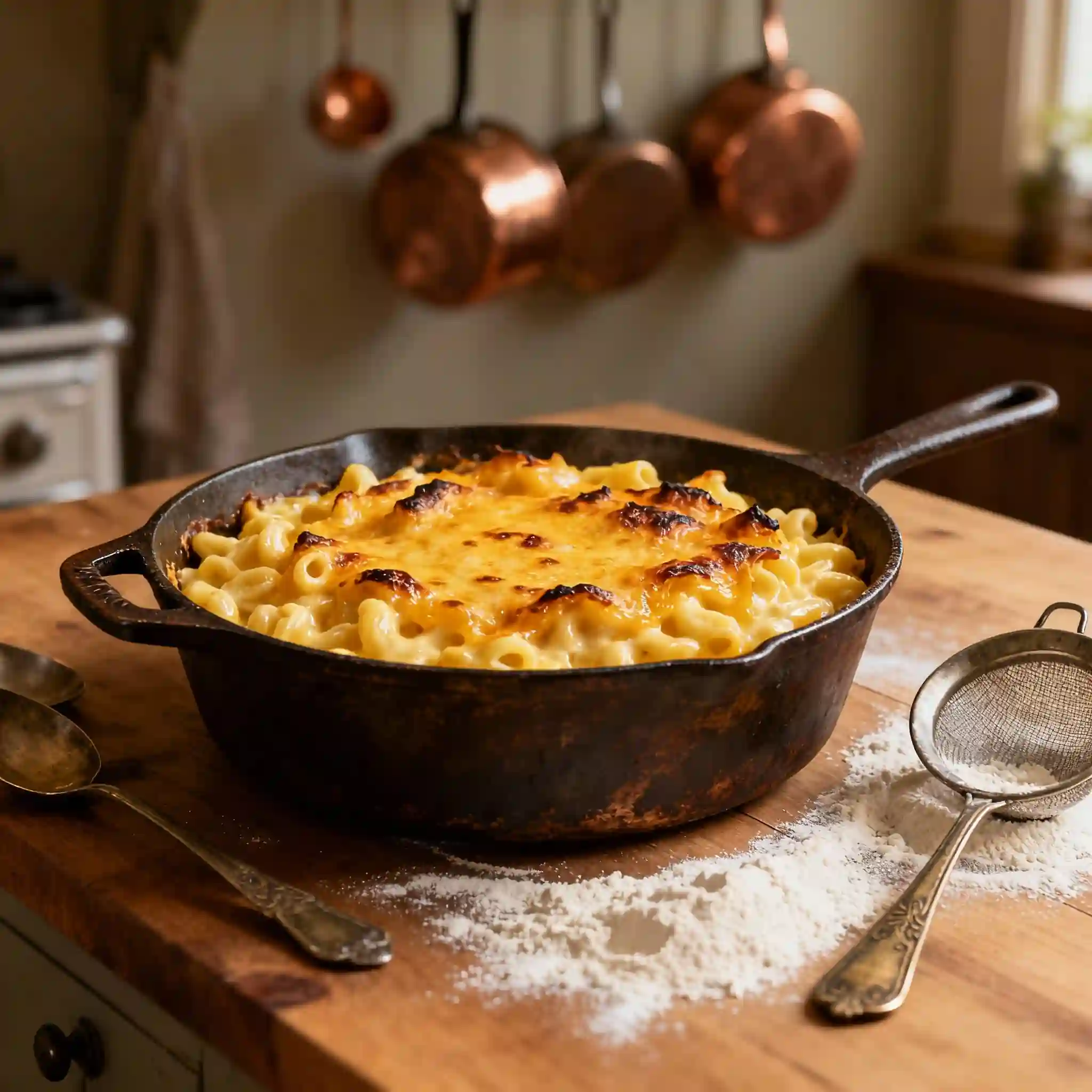 A steaming hot skillet of creamy, melted mac and cheese with golden cheese topping.