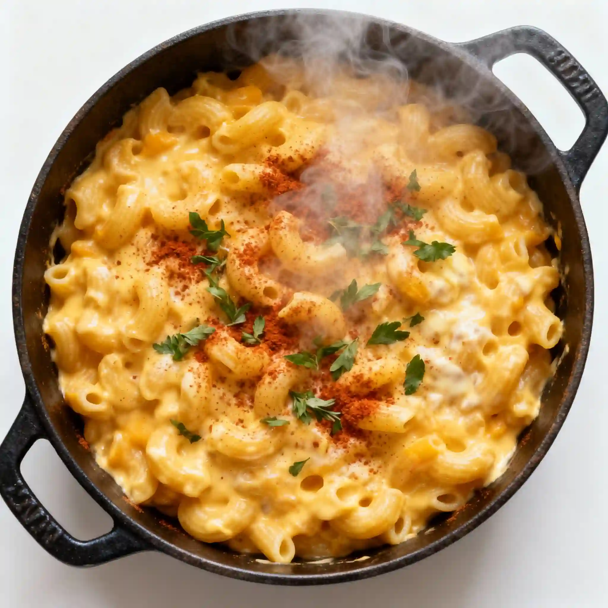A steaming hot skillet of creamy, melted mac and cheese with golden cheese topping.