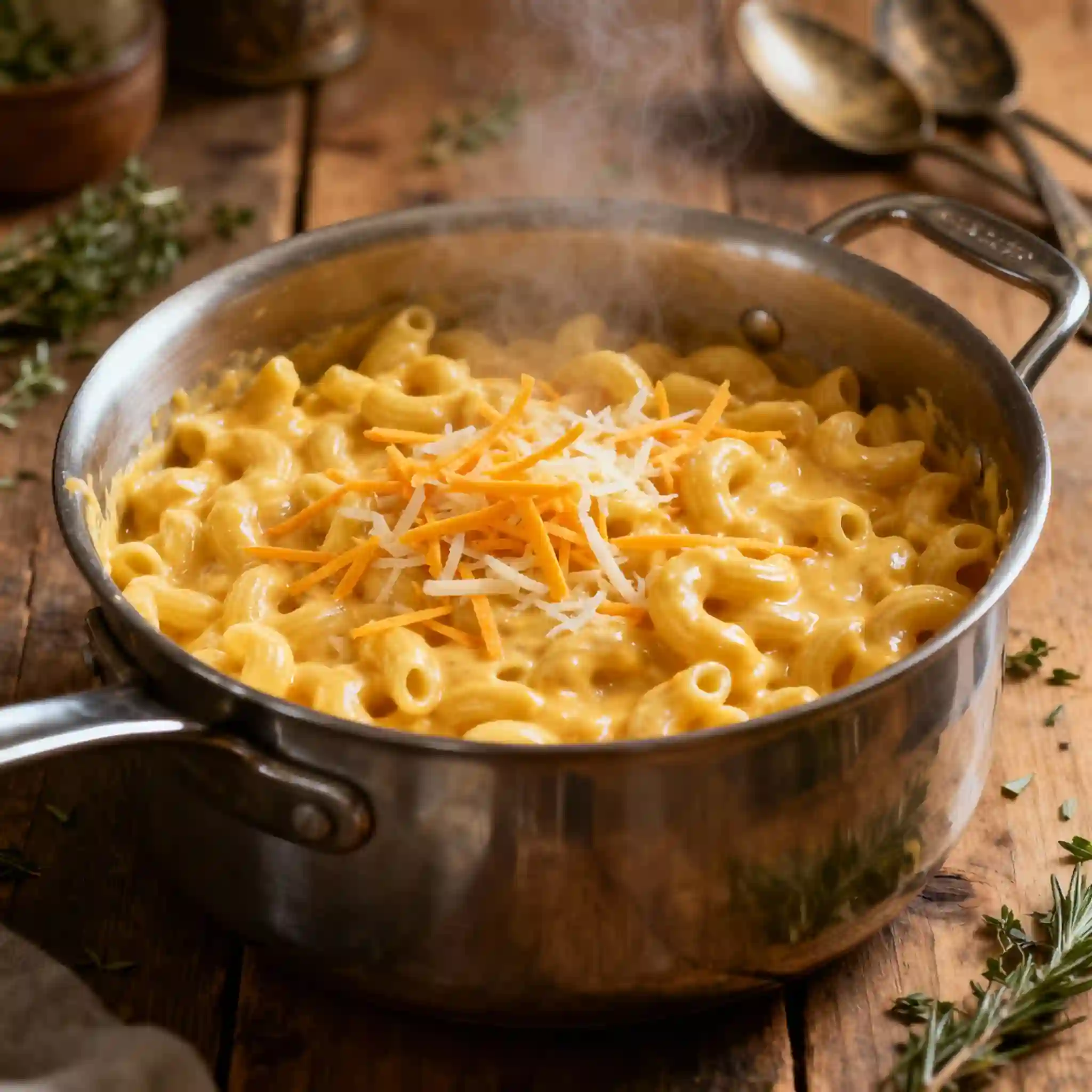 Family enjoying macaroni and cheese served in a warm, cozy home setting.