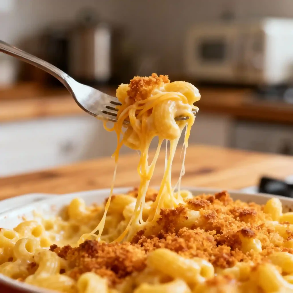 Family enjoying macaroni and cheese served in a warm, cozy home setting.