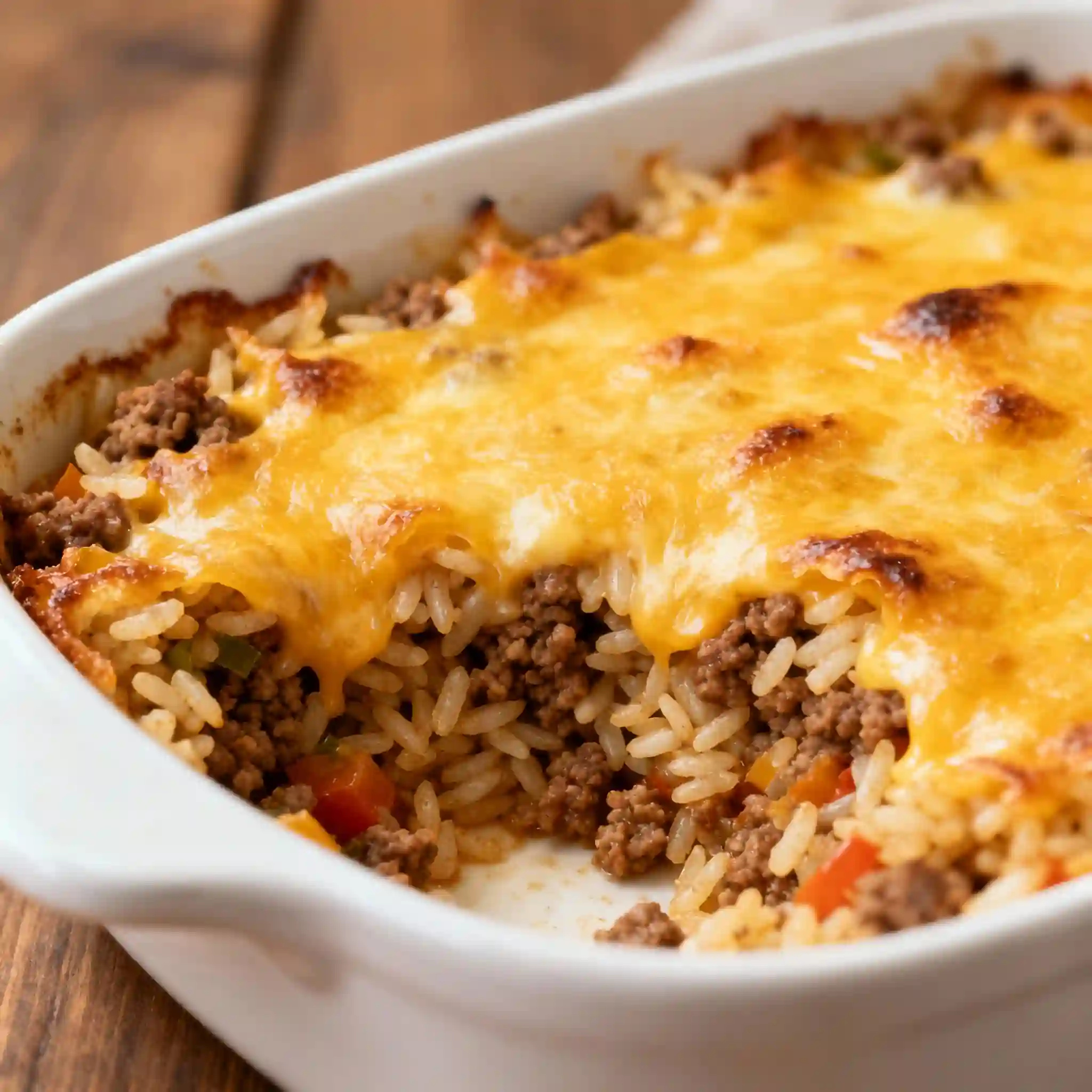 Beef and Rice Casserole with Melted Cheese Cheesy beef and rice casserole served hot in a baking dish, with gooey melted cheese on top.