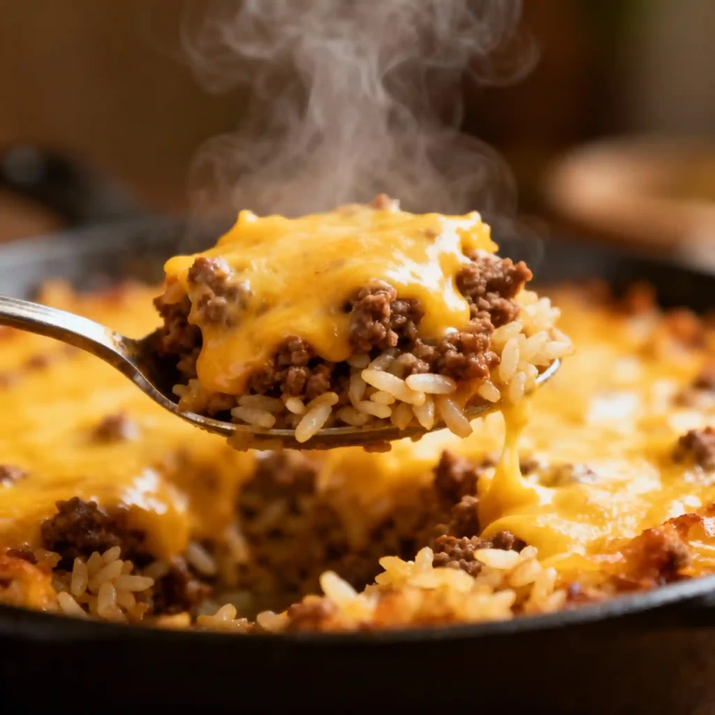 Cheesy beef and rice casserole served hot in a baking dish, with gooey melted cheese on top.