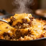 Cheesy beef and rice casserole served hot in a baking dish, with gooey melted cheese on top.
