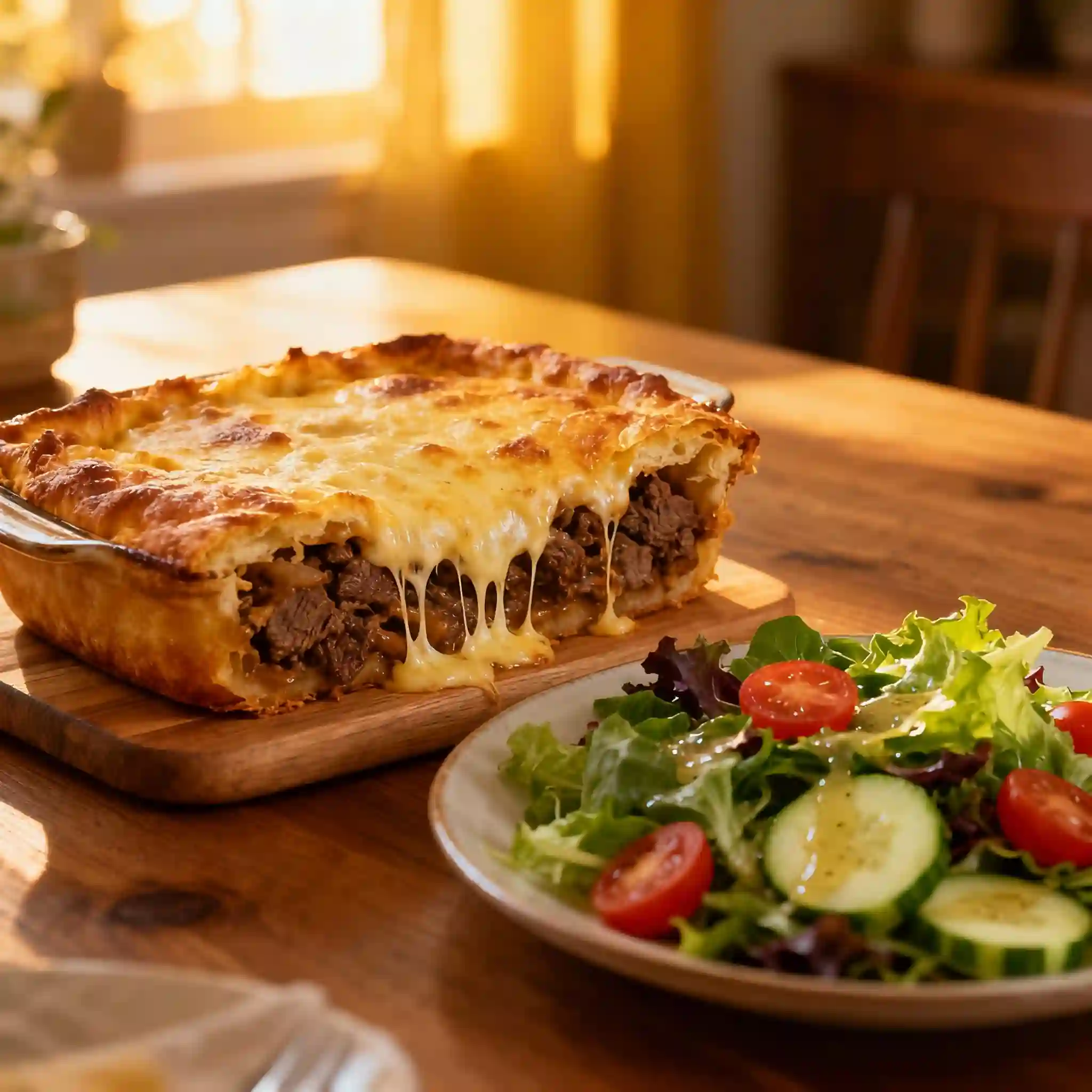 Beef and Rice Casserole with Melted Cheese Cheesy beef and rice casserole served hot in a baking dish, with gooey melted cheese on top.