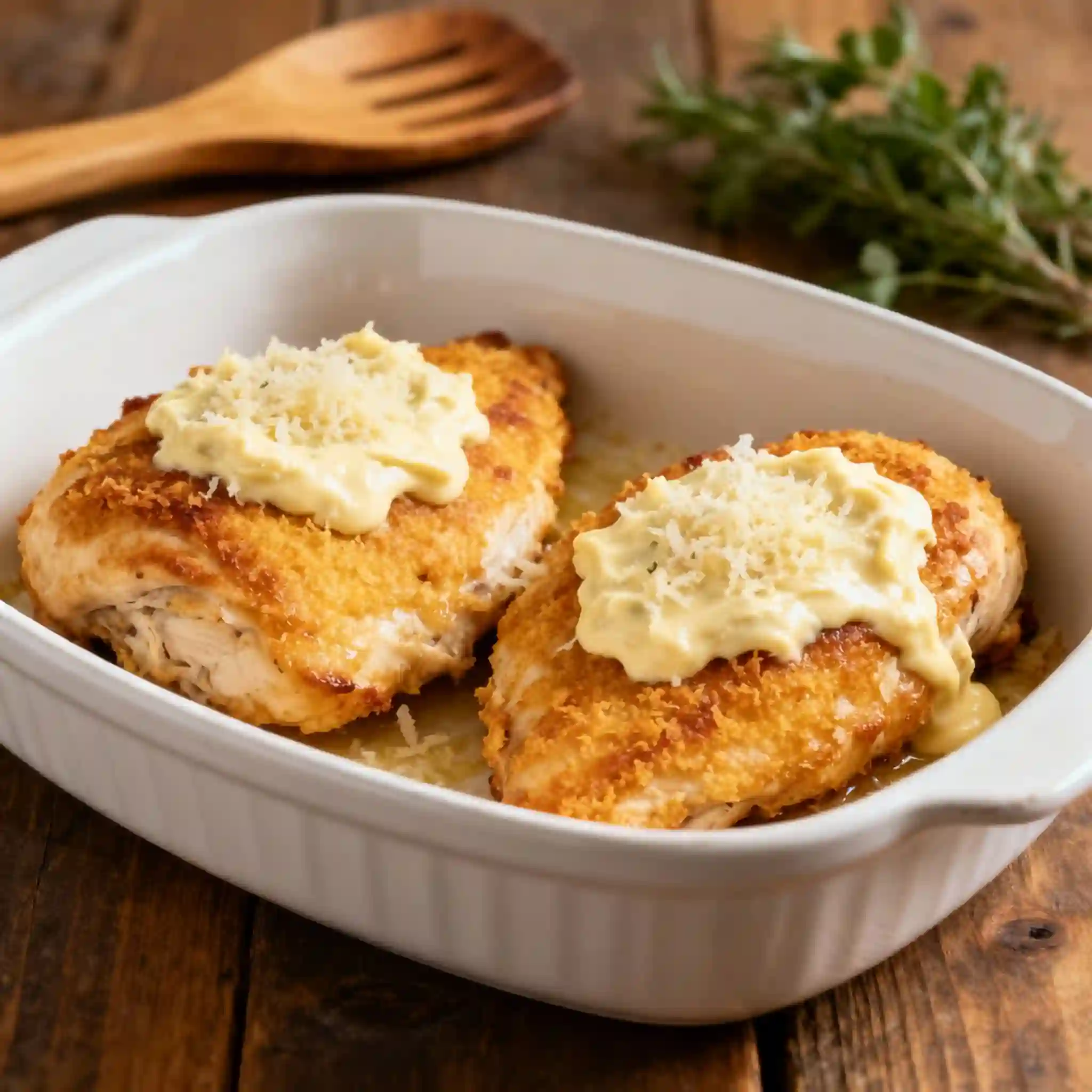 Creamy Oven-Baked Chicken with Herbs Juicy baked chicken breasts and thighs served hot, covered in creamy sauce or garnished with herbs.