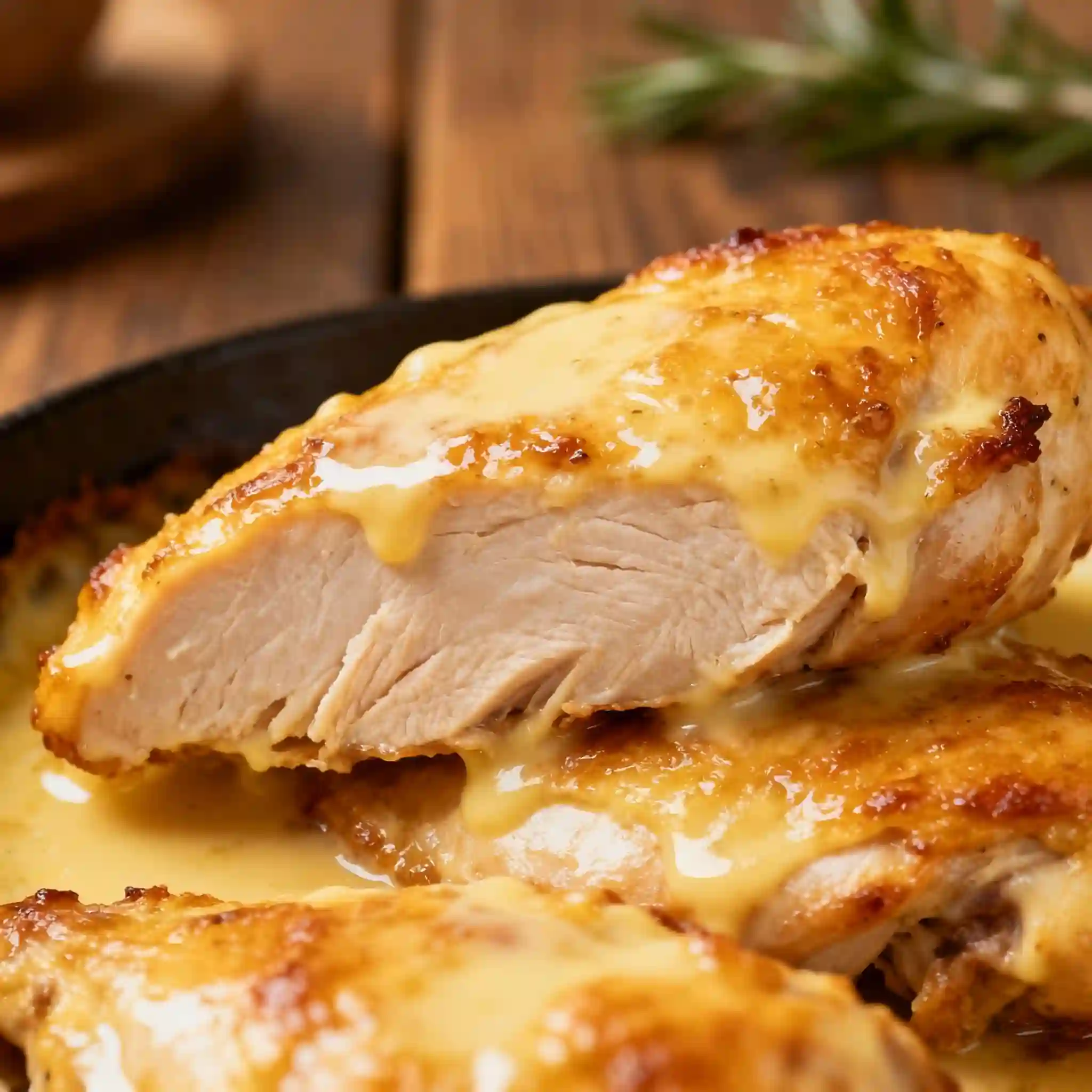 Juicy baked chicken breasts and thighs served hot, covered in creamy sauce or garnished with herbs.