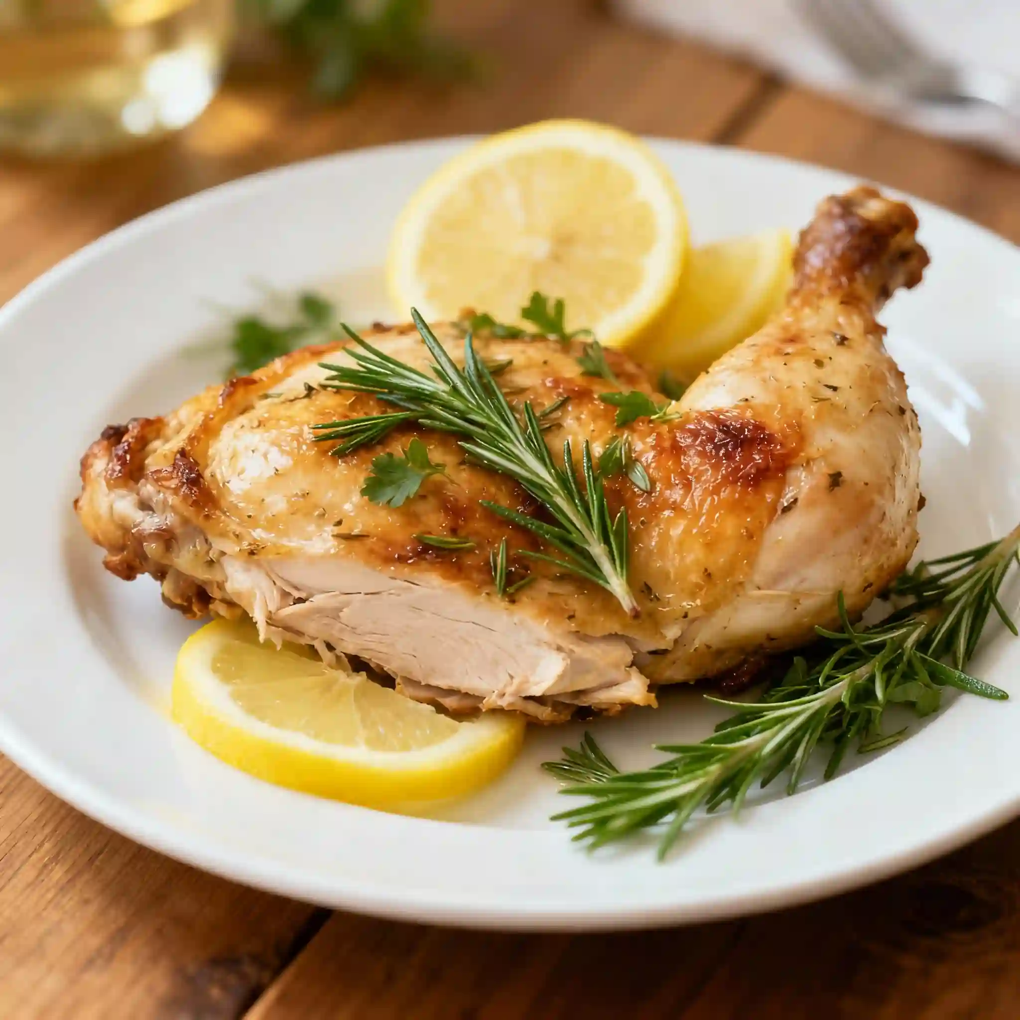 Creamy Oven-Baked Chicken with Herbs Juicy baked chicken breasts and thighs served hot, covered in creamy sauce or garnished with herbs.