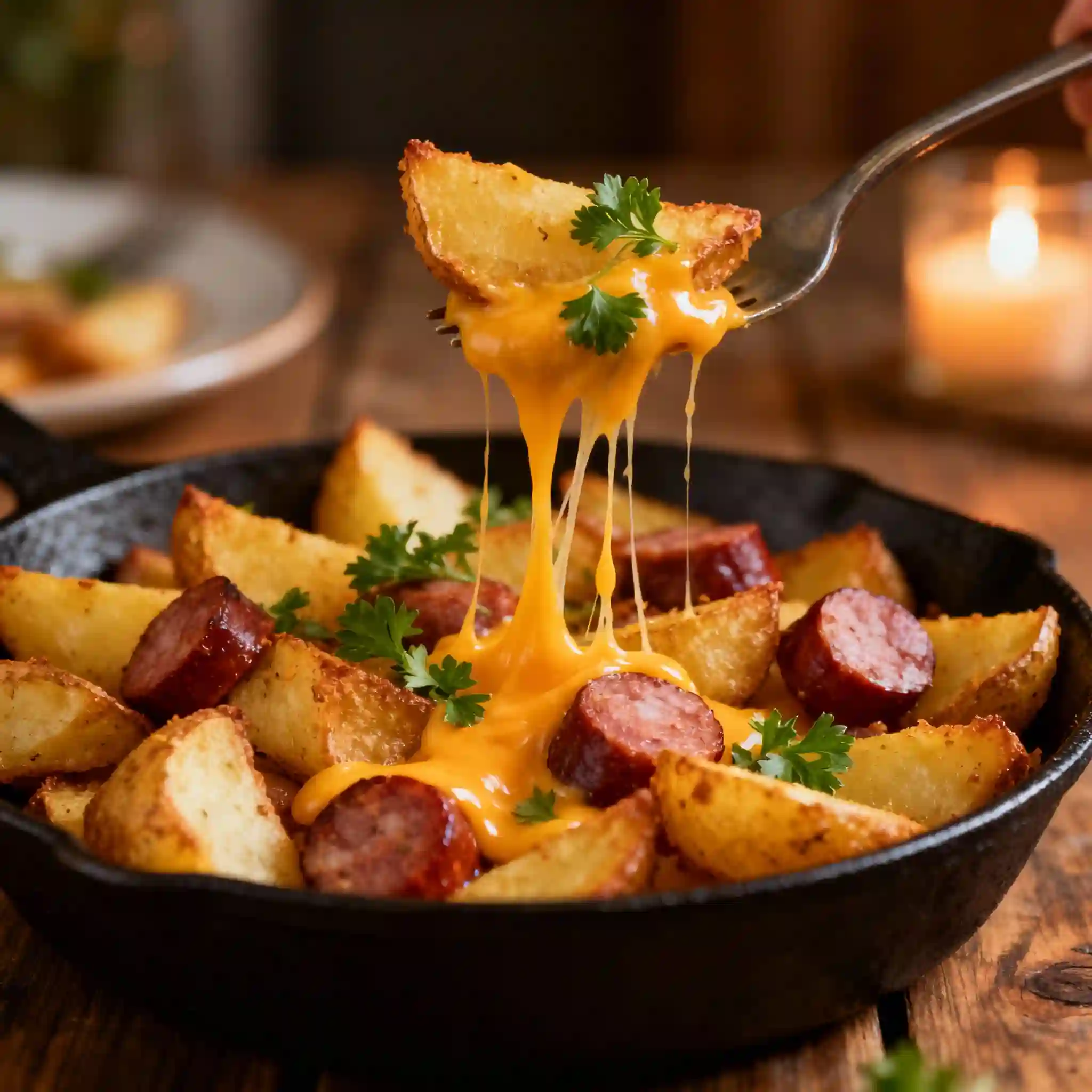 Skillet Potatoes with Cheese Pull Cheese-pulled potato wedge with sausage in a cast iron skillet.
