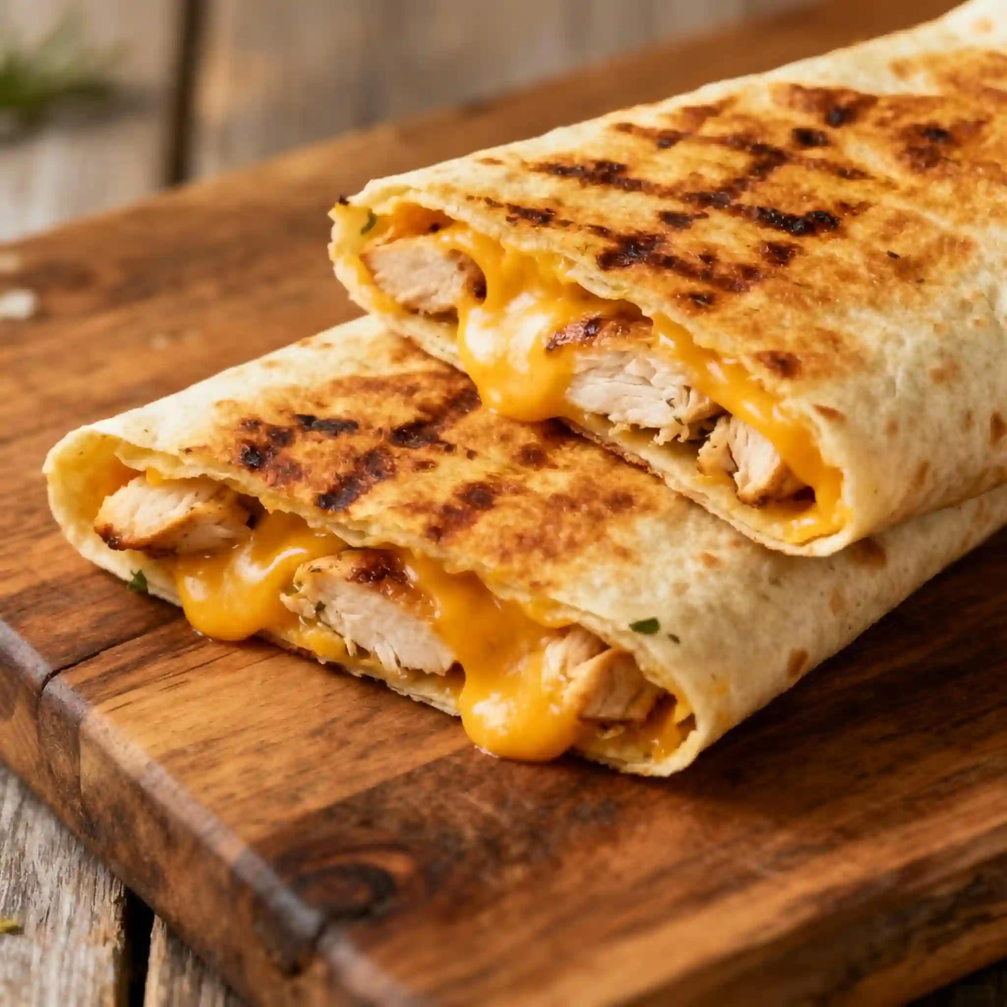 Close-up view of a grilled cheesy garlic chicken wrap cut in half on a board.