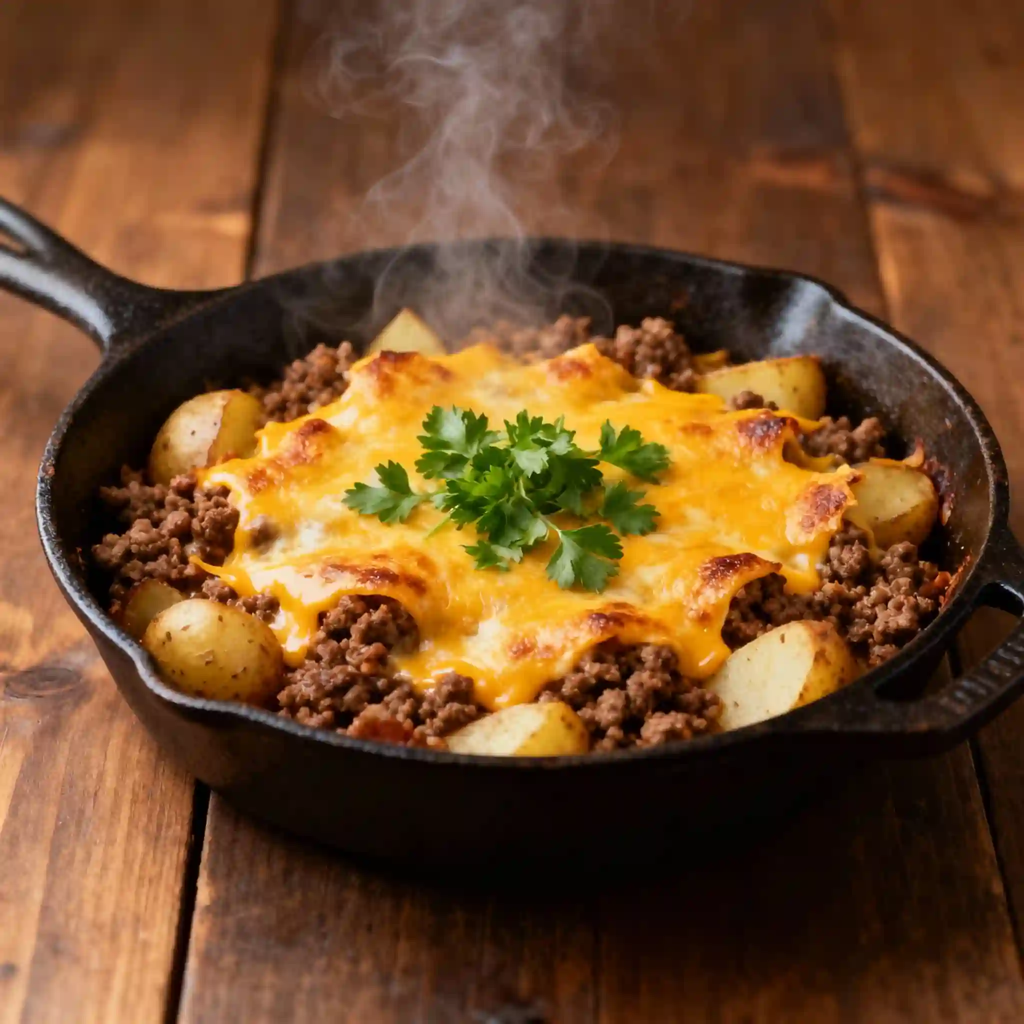 Skillet of ground beef and potatoes with bubbling cheese and parsley on top.