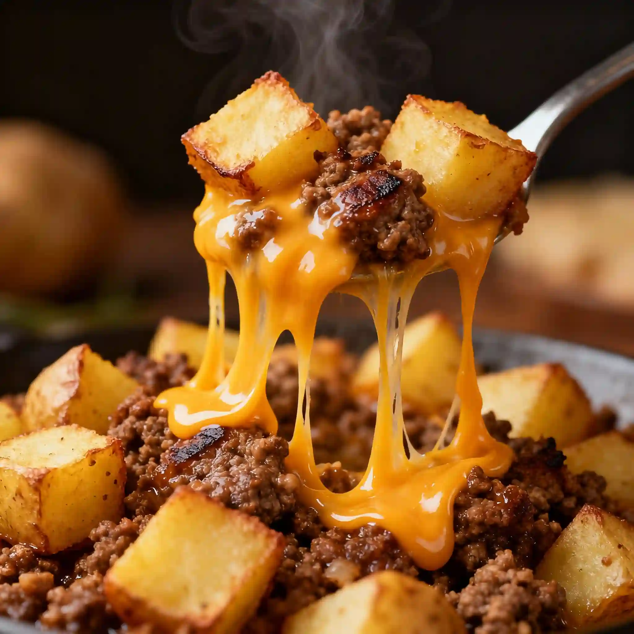 Plate of cheesy beef and baby potatoes with a salad and bread rolls on the side