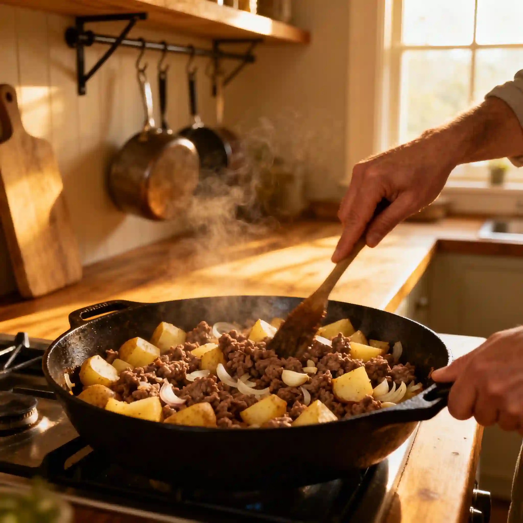 Hand stirring beef, potatoes, and onions in a skillet on a stove.