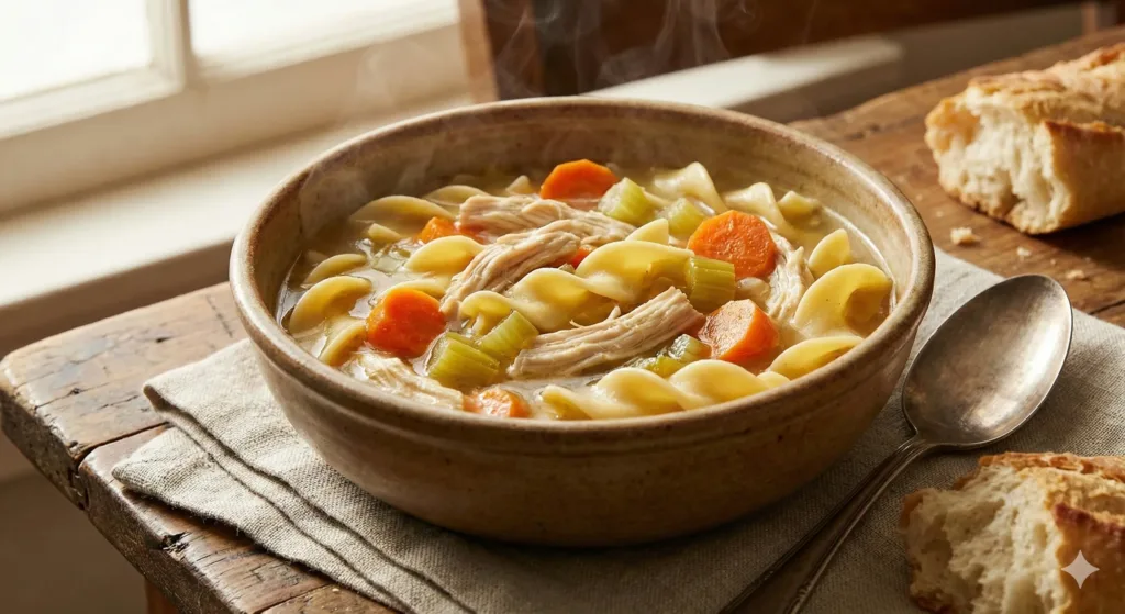 Flat lay of chicken, vegetables, broth, and egg noodles