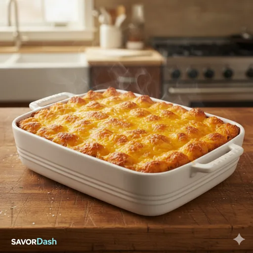 Creamy baked chicken spaghetti topped with melted cheddar cheese and peppers, served in a cozy kitchen setting.