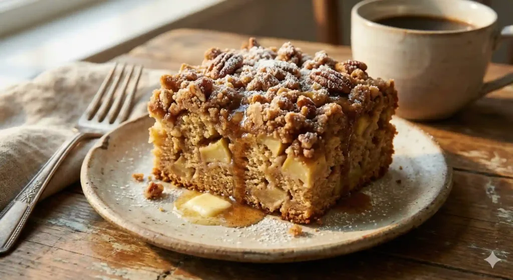 A warm slice of pecan apple coffee cake.