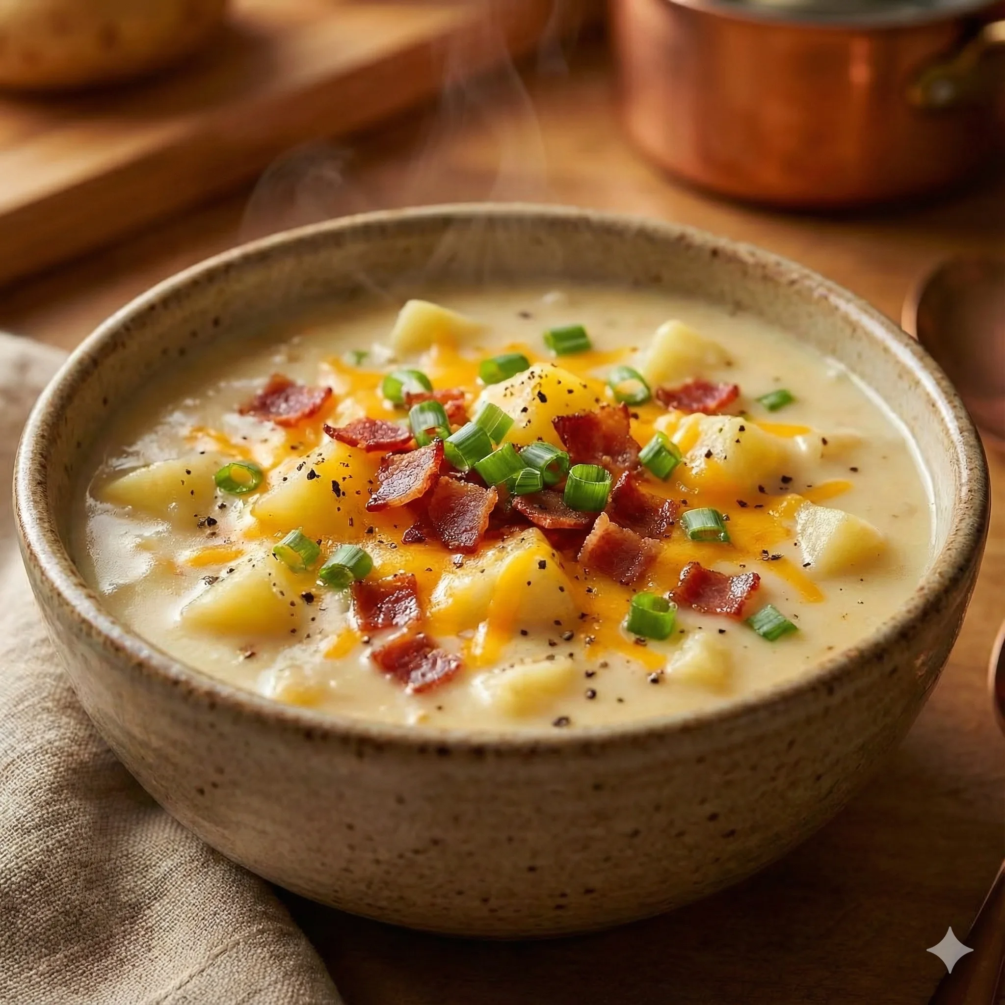 Bowl of loaded potato soup with cheddar, green onions, and bacon