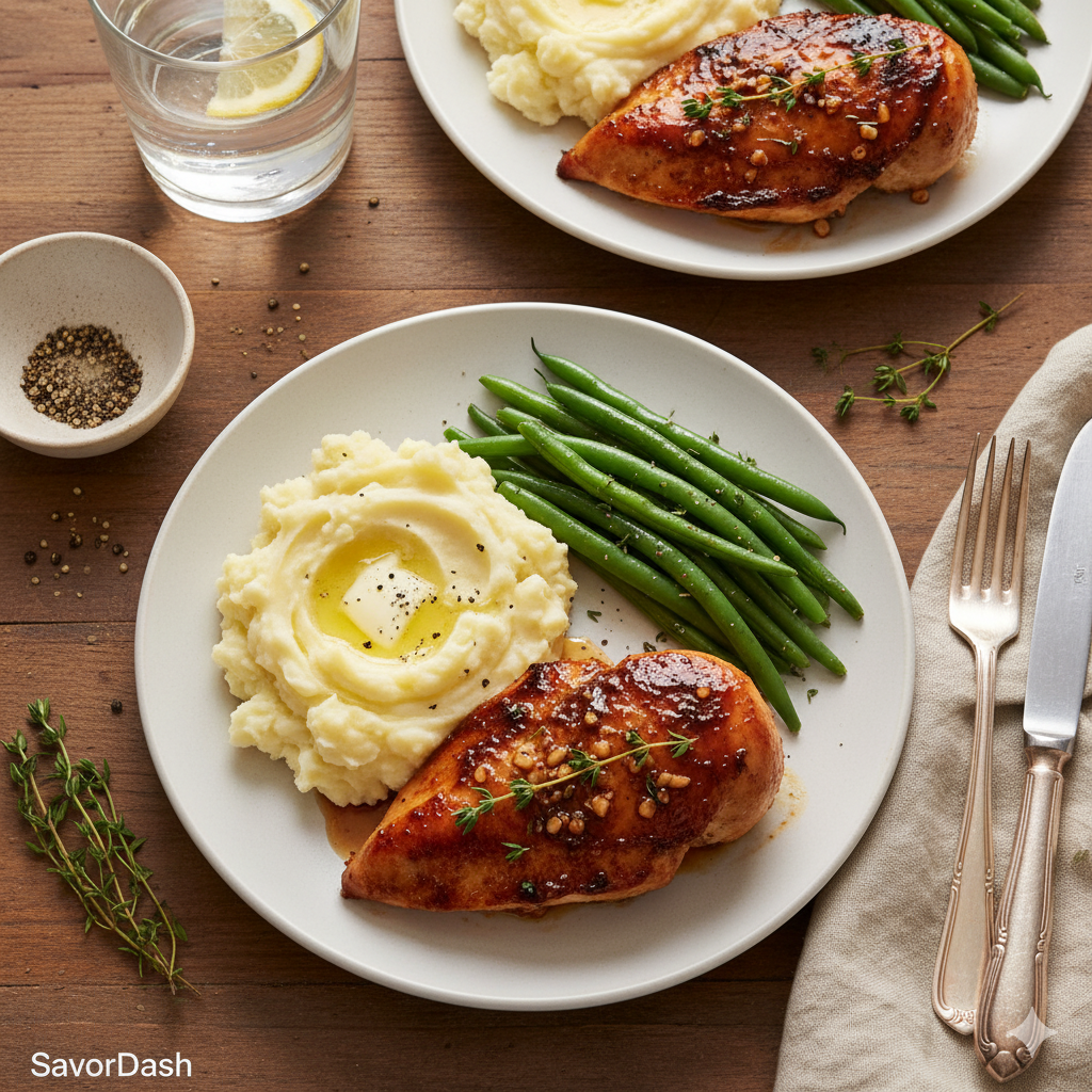 Glazed garlic chicken served with mashed potatoes and green beans.