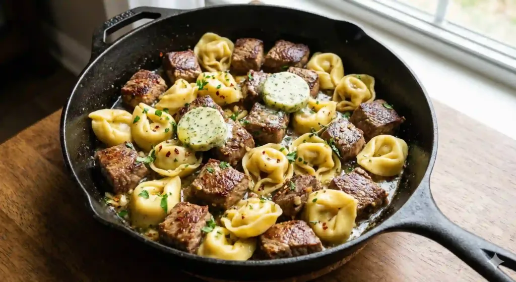 Close-up of garlic herb cowboy butter sauce coating tortellini.