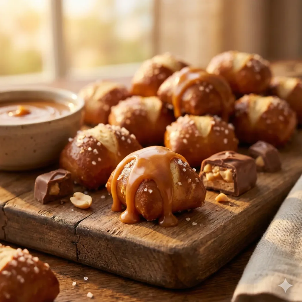Snickers Pretzel Bites arranged neatly on a serving tray.