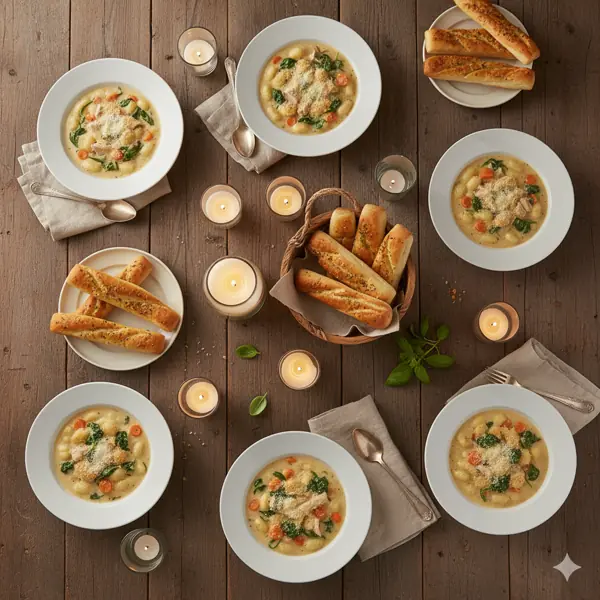 Close-up of a spoonful of gnocchi soup showing chicken, spinach, carrots, and creamy broth.