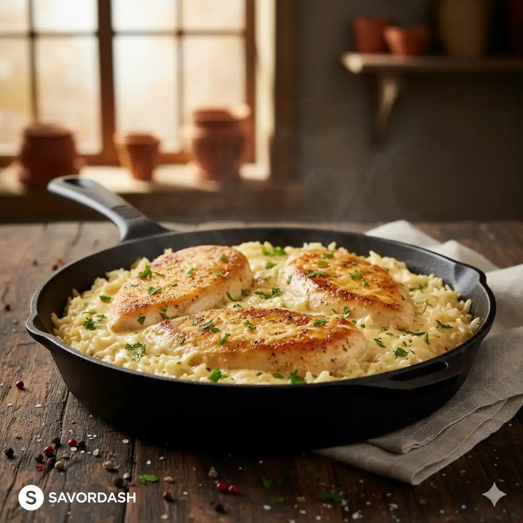 Creamy parmesan chicken served over rice on a rustic wooden table.