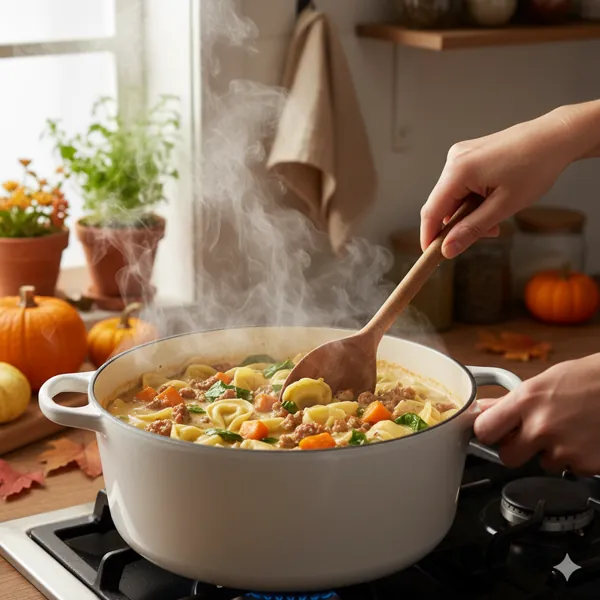 Outdoor table with bowls of sausage and tortellini soup surrounded by candles and fall leaves.